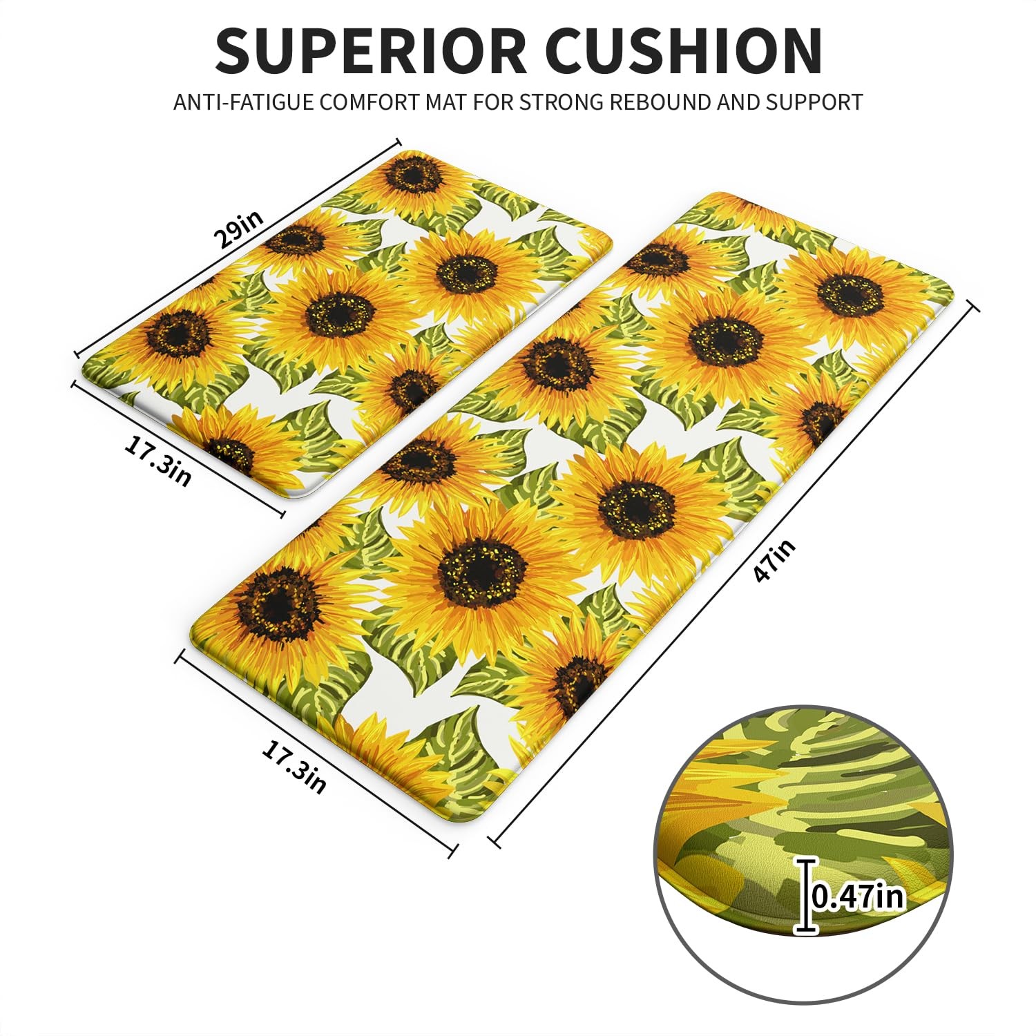Sunflower Kitchen Mats for Floor Set of 2 - Anti Fatigue Mats for Kitchen Flo...