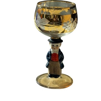 Vtg 14k Gold Etched Goebel Hummel Black Forest Peasant Man cordial goblet glass