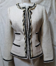 WHITE HOUSE BLACK MARKET Sz 6 Tweed Blazer Jacket Ivory Pearl Trim Black Ribbon