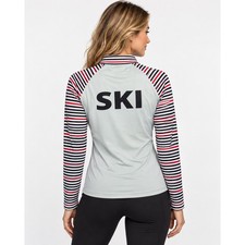 Hot Chillys Premium Zip T Womens Medium Gray SKI Base Layer Striped Thumbhole