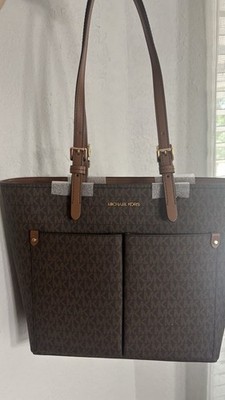 Michael Kors Jet Set Travel Medium Double Pocket Tote Zip Brown Logo Pattern