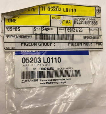 #ad Hyundai Genuine Parts 05203 L0110 Tire Pressure Label 2020 2022 Hyundai Sonata ✅ $4.57