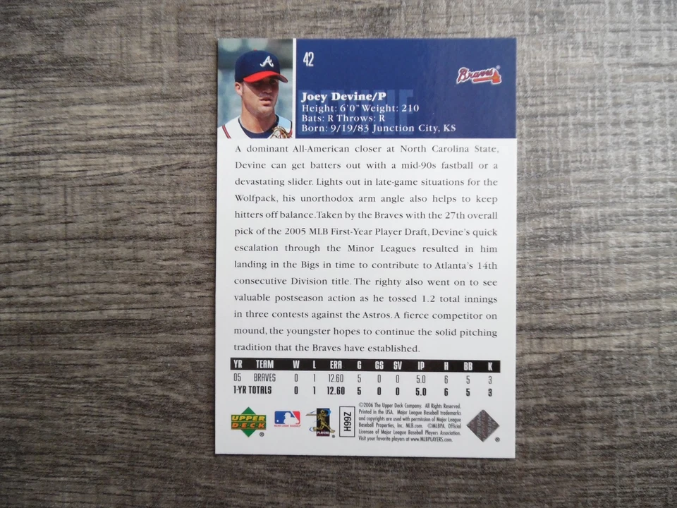Joey Devine Atlanta Braves 2006 Upper Deck RC MLB #42 - Image 2 of 2