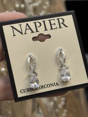 Napier Cubic Zirconia Teardrop Earrings Silver Tone Twist Design NWT Elegant