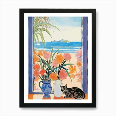 Cat With Birth Of Paradise Flowers  Framed Wall Art Poster Canvas Print Picture