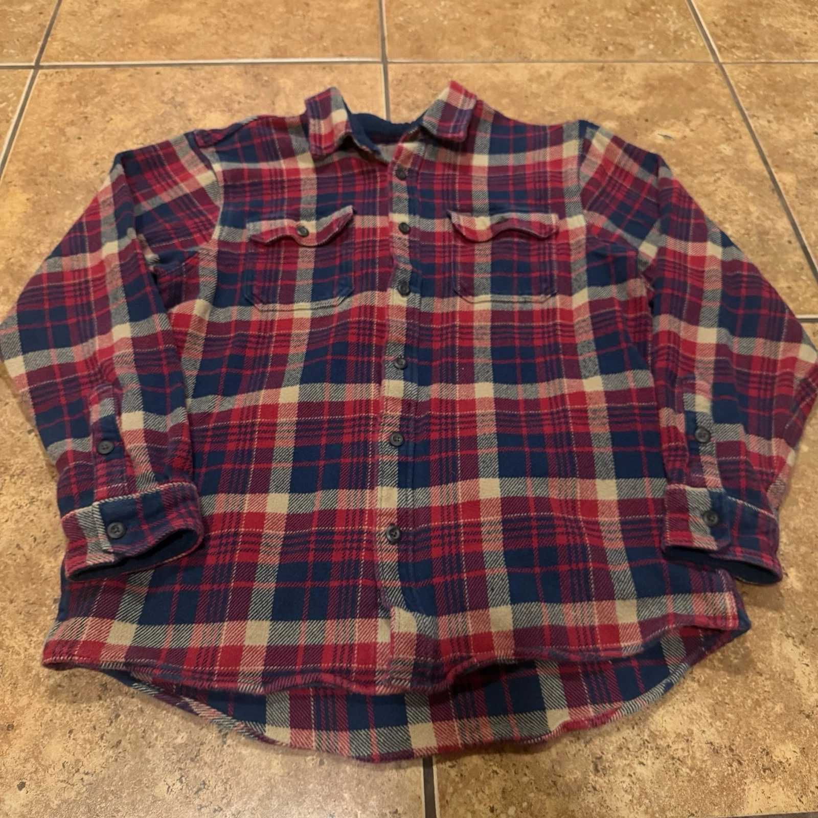 Orvis Men’s Cotton Flannel Plaid Fleece Lined Snap Shirt Jacket Size Large