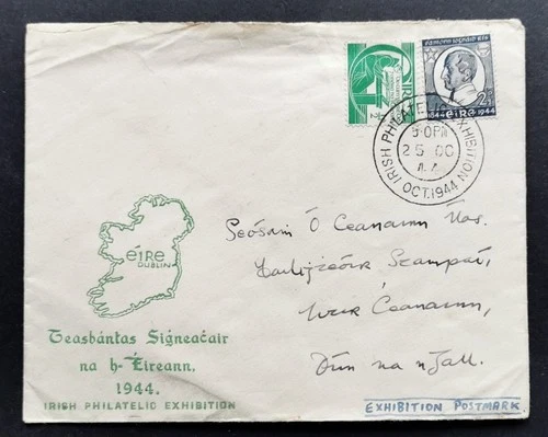 Ireland  FDC- Irish Philatelic Exhibition CDS- 25th Oct. 1944- Creased.
