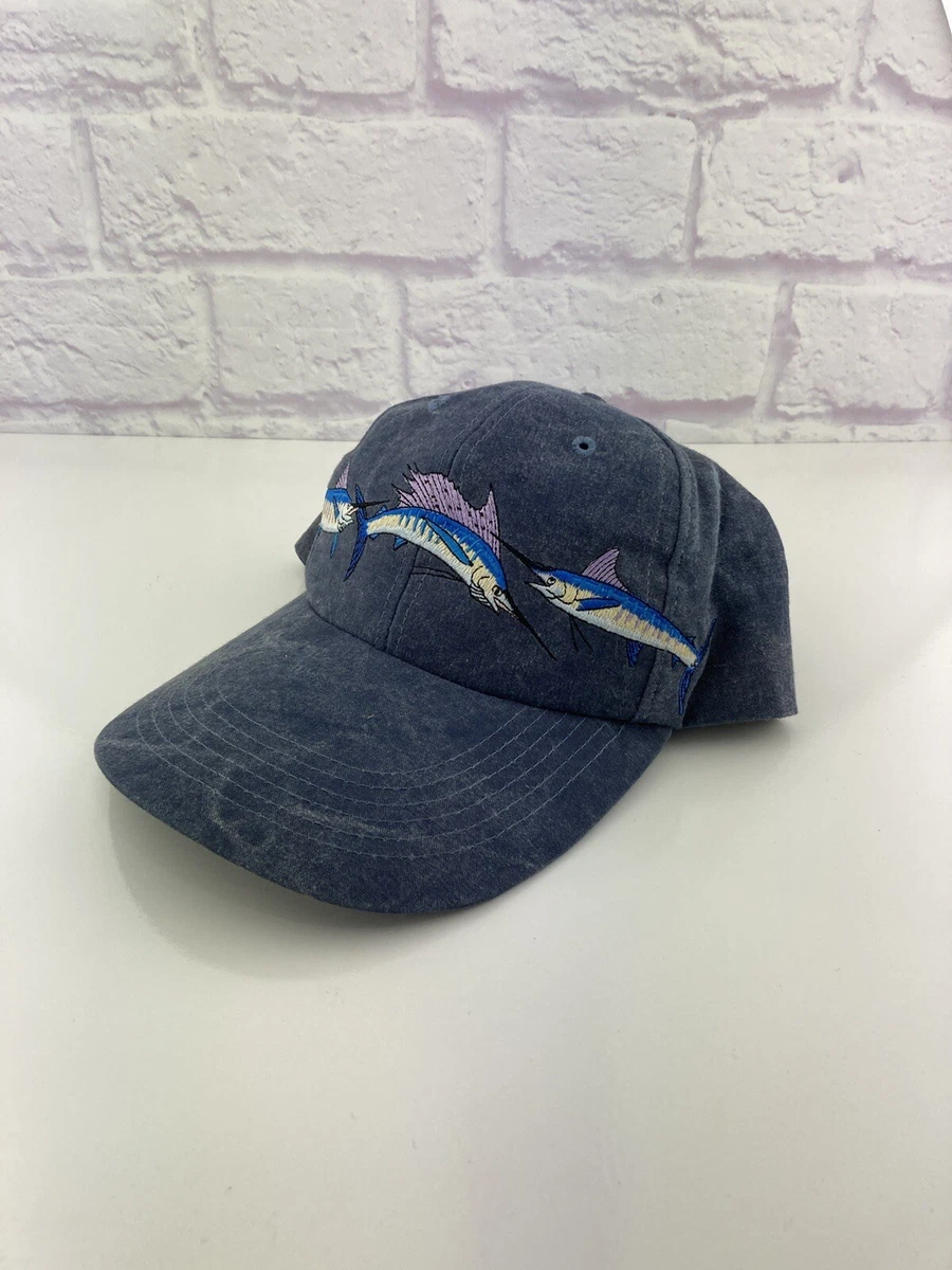 Fishing Blue Marlin Sailfish Strapback Hat Cap Long Brim EUC Outdoor