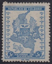COLOMBIA 1949 AIR WEEK FAC 5 Cents UNISSUED BLUE, WATERMARKED MLH F,VF RARE!