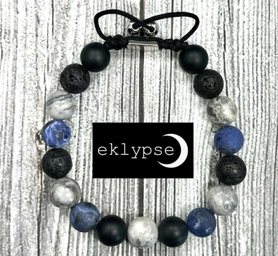 Pulsera unisex ajustable de macramé de 10 mm lava + ónix + jaspe + cuentas de piedras preciosas de sodalita Foto 3 de 4