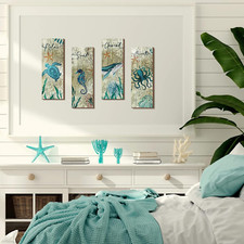 4 Pieces Beach Bathroom Decor Wall Sign Art Ocean Decor Sea Turtle Wall Art N...