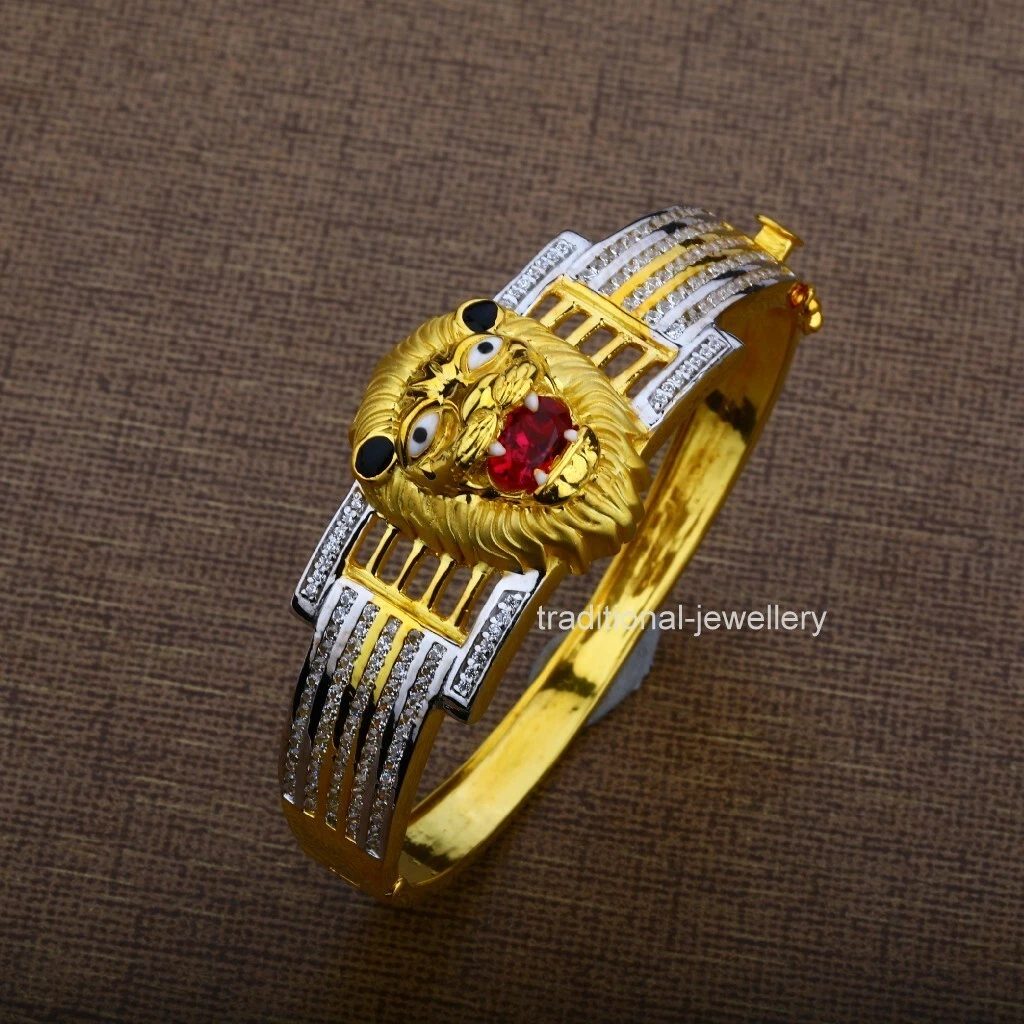 22k Yellow gold Mens Gold Lion Kada Bracelet Cubic zircon stone studded