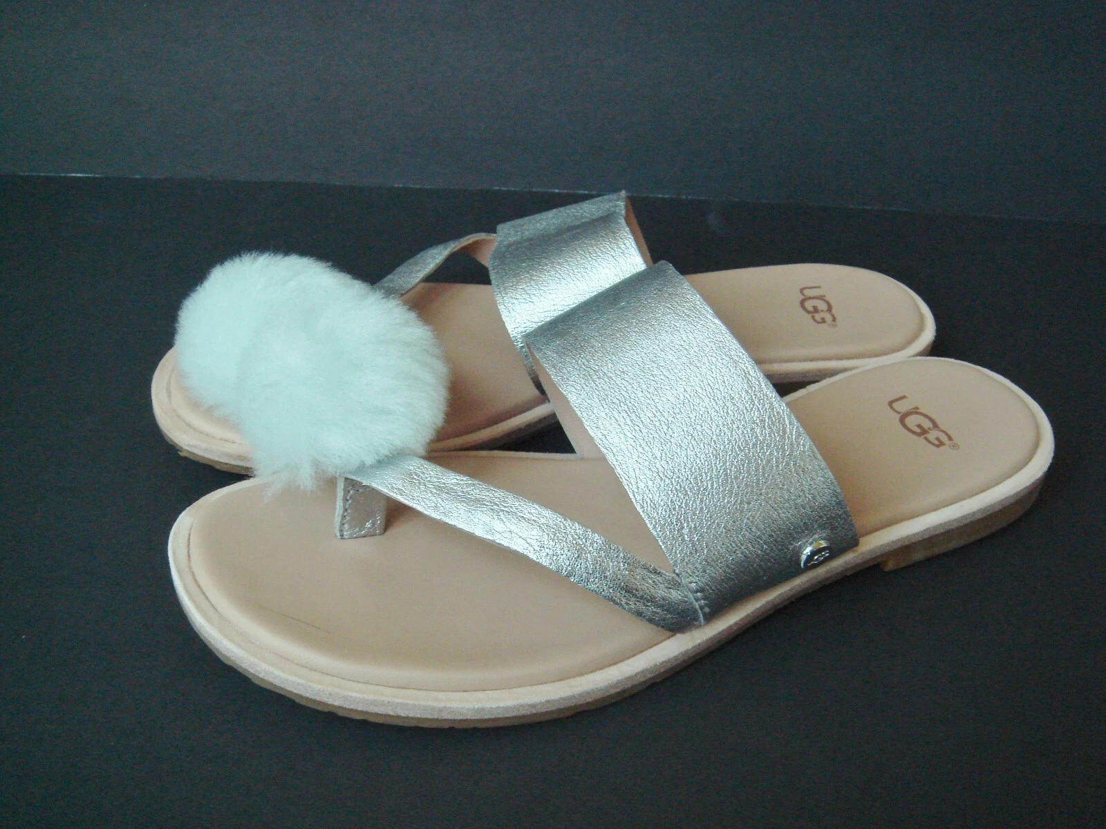 NEW UGG 6 Silver Puff Ball Leather Flip Flop Sandal Shoes $99.95