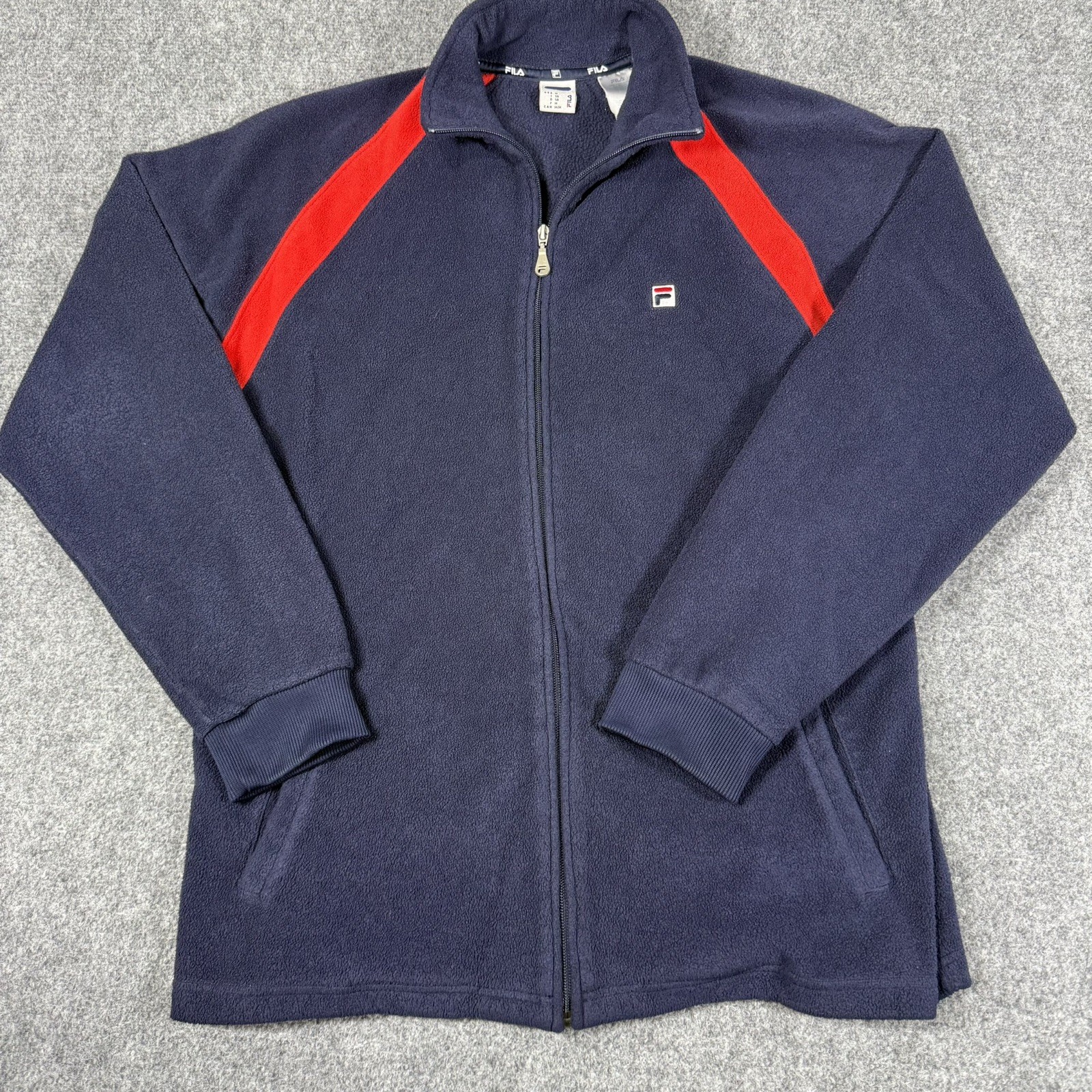Vintage FILA Fleece Jacket Mens Medium Navy Blue Red Full Zip Sport Track