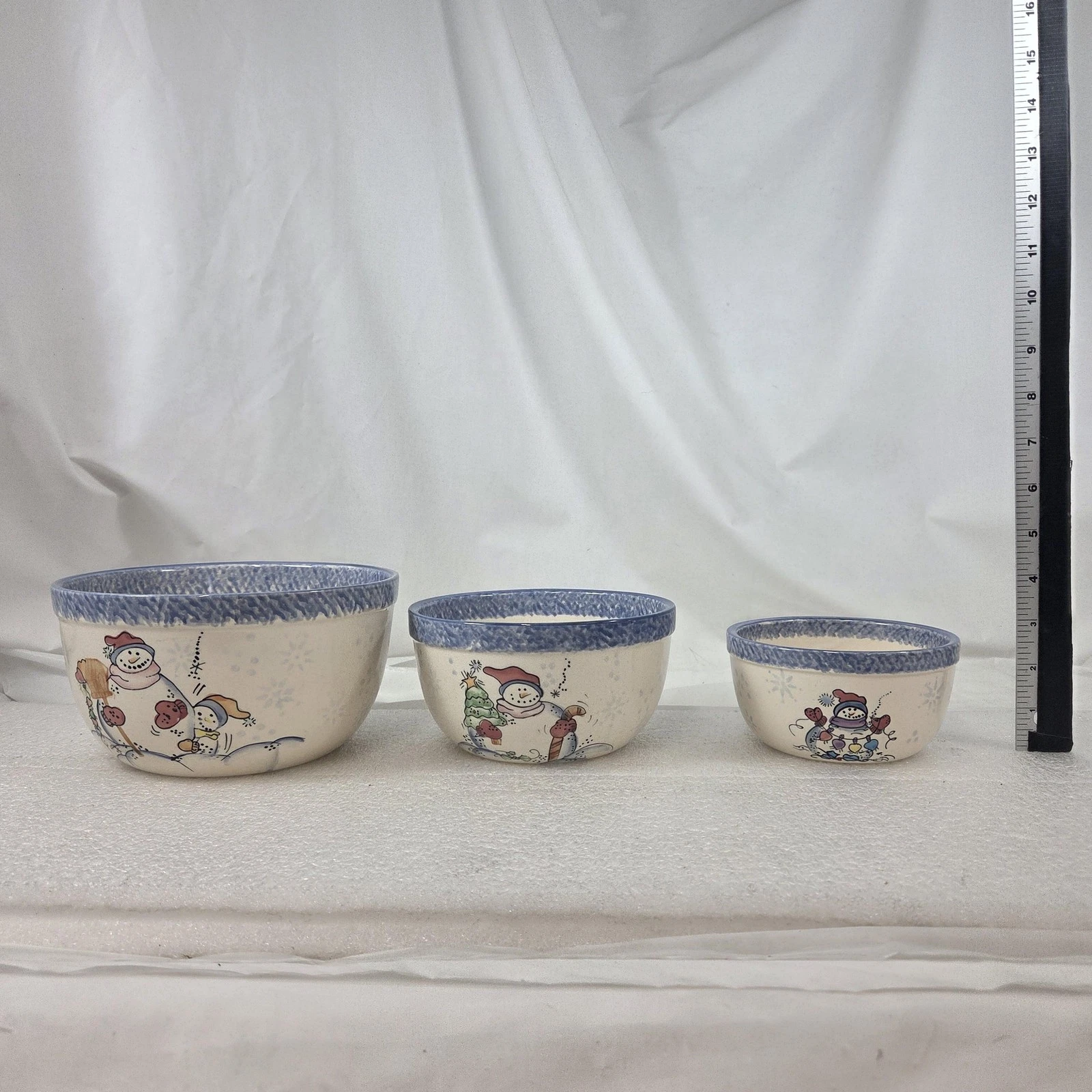 VITAJUNT Snowman Mixing Bowls Set of 3 Nesting Stoneware Winter Holiday Blue