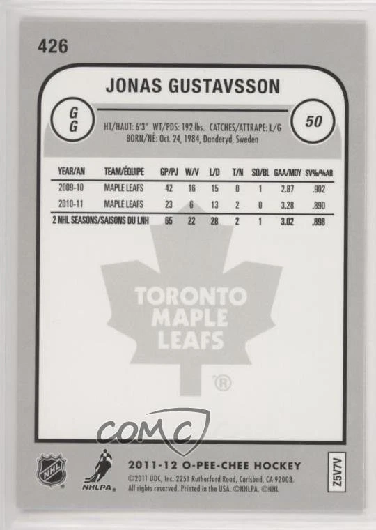 2011-12 O-Pee-Chee Rainbow Foil Jonas Gustavsson #426 - Image 2 of 2