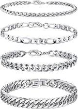Bracciale 4 Pezzi Uomo Argento, Bracciale Uomo, Acciaio Inox, Lunghezza 19 Cm, L