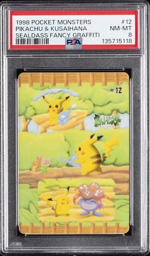 1998 POCKET MONSTERS SEALDASS FANCY GRAFFITI #12 PIKACHU & KUSAIHANA PSA 8