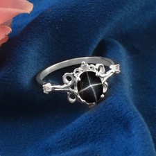 Anillo solitario de plata de ley 925 con zafiro estrella negra ovalado anillo vintage para mujer