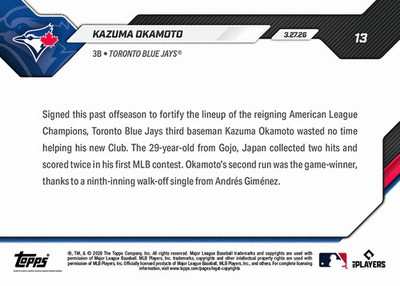 Kazuma Okamoto RC Opening Day Debut 1st Hit 2026 MLB Topps NOW