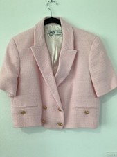Zara Pink Textured Double Breasted Short Sleeve Cropped Blazer with Gold Buttons