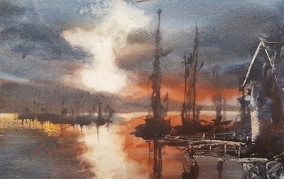 Aquarell Gemälde von Steven Cronin Original Signiert 11x7 Zoll Sonnenuntergang im Hafen