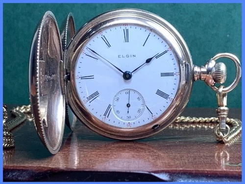 🇷🇪ANTIQUE ELGIN 18s HUNTER CASE POCKET WATCH KEEPS TIME COMPLETE w/CHAIN & BOX