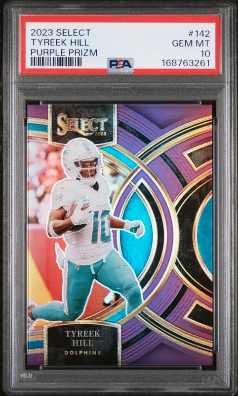 2023 Panini Select Tyreek Hill #142 Purple Prizm Premier Level /75 PSA 10
