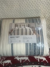King Size 3-Piece Cotton Linen Quilt Set 2 ShamsOEKO-TEX White Blue Striped