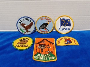 Lot of 6 Vintage Alaska Patches Flag Eagle Puffin Moose 