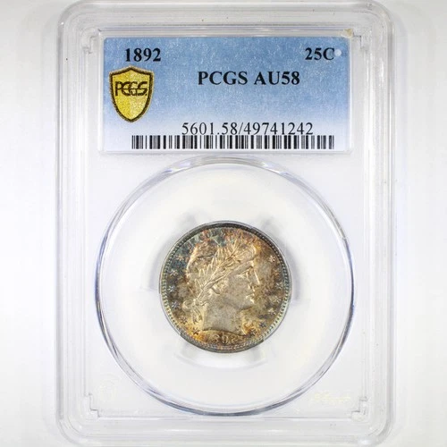 1892 25C PCGS AU58 Toned - Barber Quarter - Popular First Year Issue