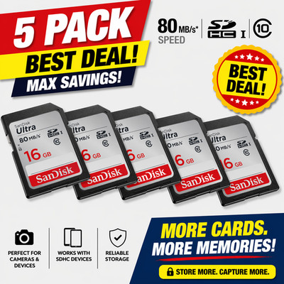 SanDisk Ultra 16GB SD Card 80MB/s SDHC Class 10 Camera Nintendo 2DS 3DS (5-Pack)