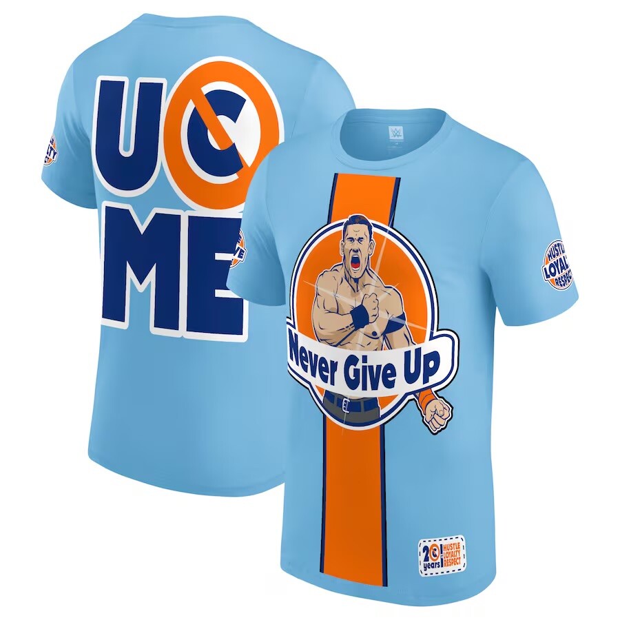 WWE JOHN CENA “NEVER GIVE UP” LIGHT BLUE/ORANGE T-SHIRT OFFICIAL ALL SIZES  NEW