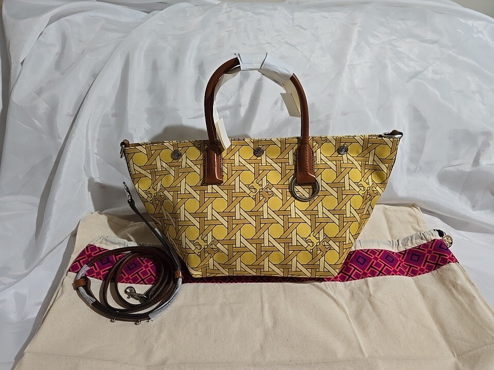 Tory Burch Ellaかごバッグ イエロー Small Ella Croc-Embossed Straw Basket: Women's Designer Tote Bags