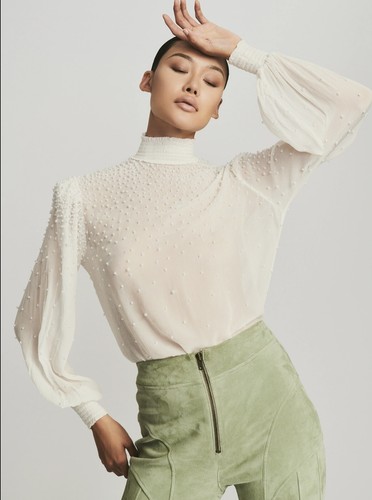 New Retrofete Ava Sheer Silk Studded High Neck Fairycore Blouse Pearl S $495 - 第 1/12 張圖片