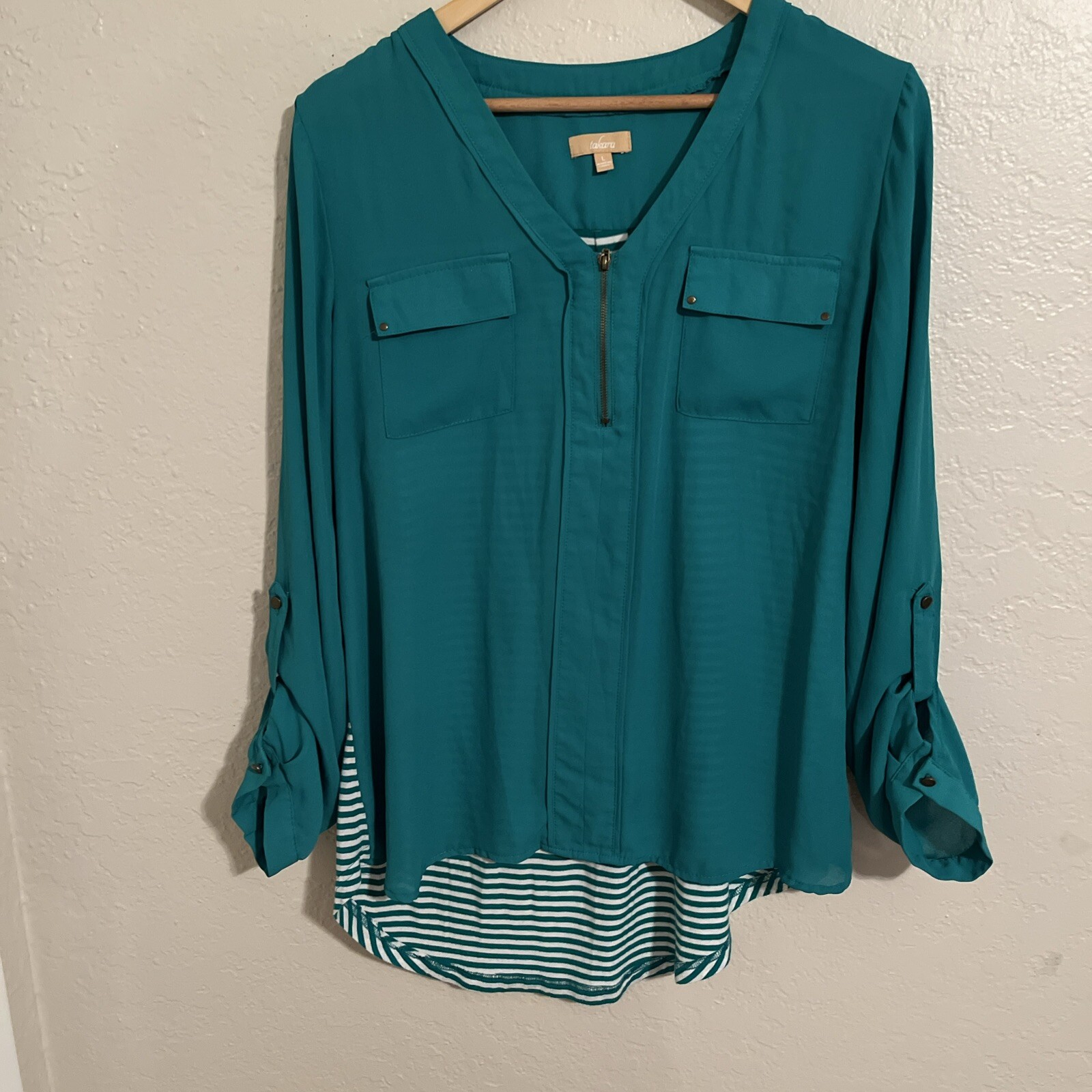 Casual Modern Top Seasonal Green Takara Women’s Blouse Zipper Pocket Comfy Fit
