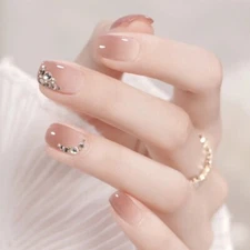 24pcs Rhinestones Pink  False Nails Square Press on Nails for Nail Art