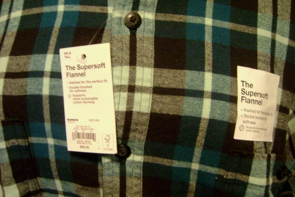 SONOMA 男式 4 XB 全新绿色/黑色/灰色棉质长袖法兰绒衬衫, — 第 3/4 张图片