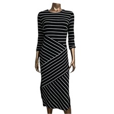 Ayhan Black White Mixed Stripes Maxi Dress Bodycon Size L Side Slit Stretchy