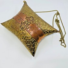Vintage Copper Brass Embossed Square Pillow Purse Handbag Hinged Holidays