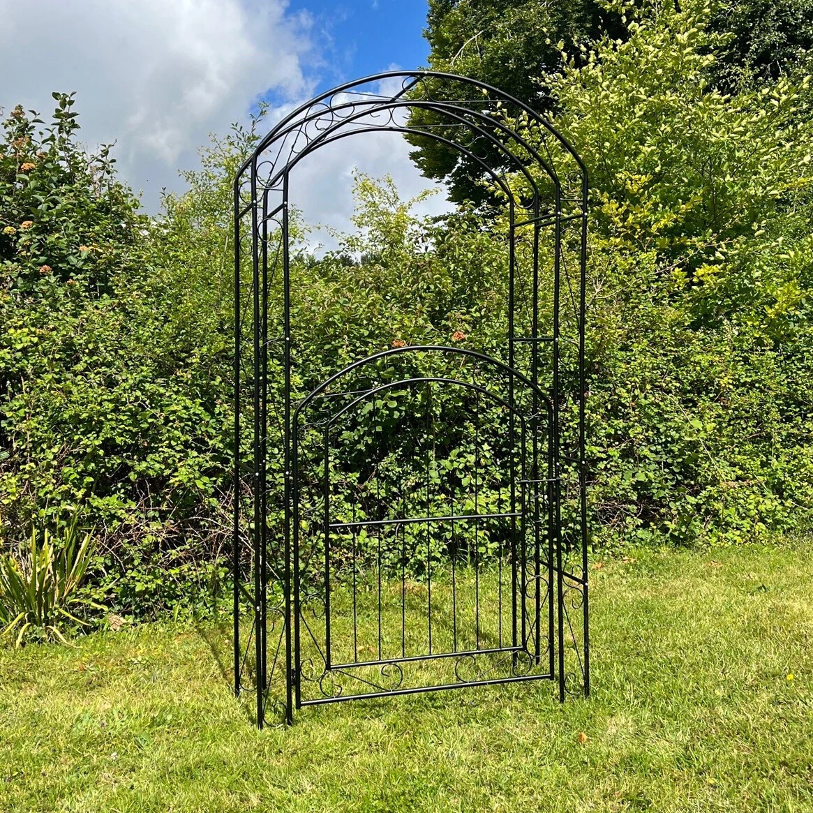 2.14m Metal Garden Arch with Gate Fixing Pegs Climbing Plant Support Trellis