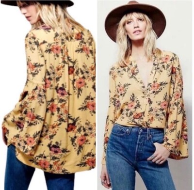 Free People Easy Girl Bell Sleeb Tunic Yellow Floral Top Women s M Preowned