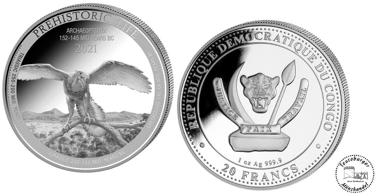 Congo 20 Francs 2021 Archaeopteryx (5.) 1 OZ 999 Plant Coin Dino
