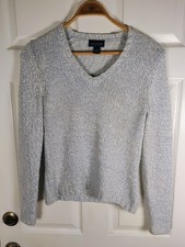 Ann Taylor Size S Chunky Light Blue/White Wool Blend Super Soft V-Neck Sweater