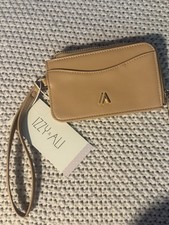 Izzy Ali Tan Solid Zip Wristlet Wallet Card Slots w/ Wrist Strap ID Window