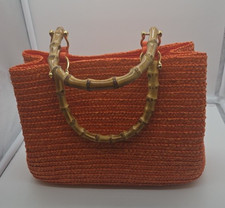 Vintage Straw Handbag With Bamboo Handles Orange Purse