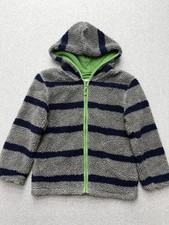 Mini Boden Jacket Youth 7-8Y Gray Navy Sherpa Fleece Hooded Full Zip Striped