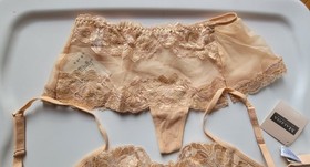 LA PERLA 32B Italia 1 XS camel SHEER & LACE bra & shortie  ELEGANCE set NWT