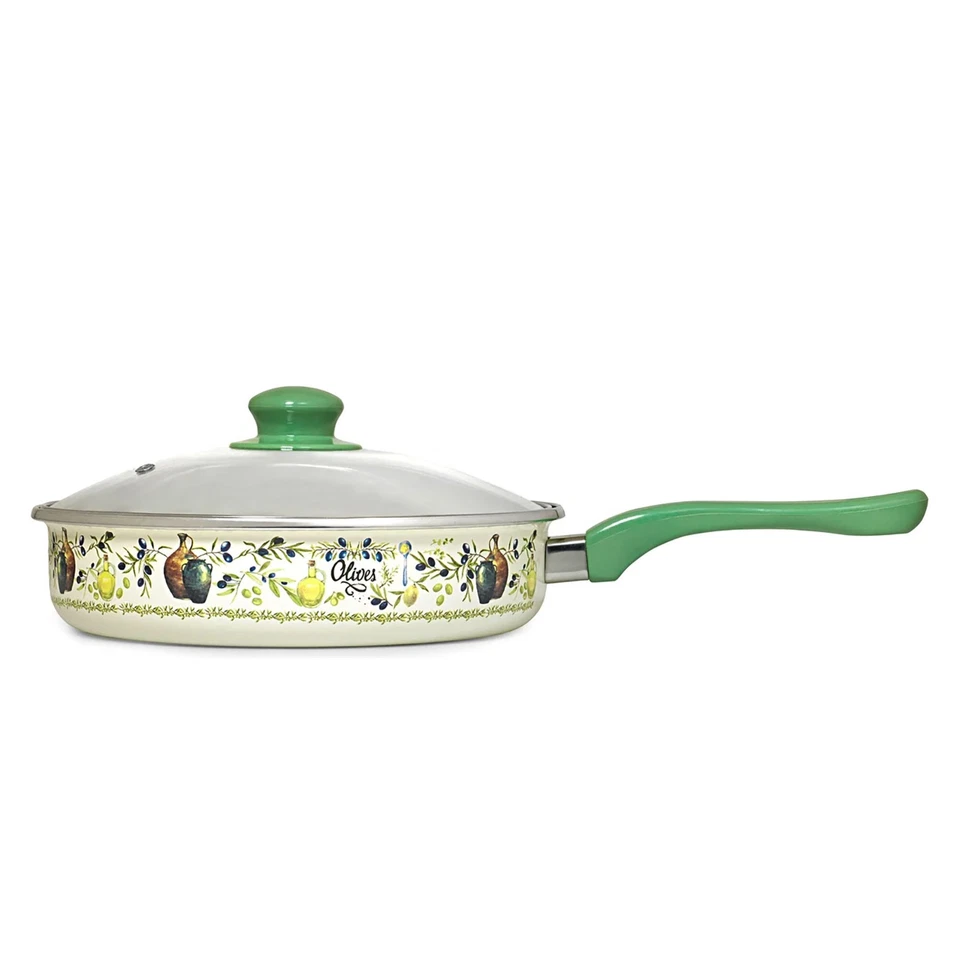 9.5" Metalac Olives Non-Stick Enamel Deep Saute Pan w/ Glass Lid Enamel Skillet - Image 2 of 4