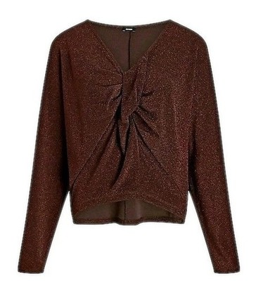EXPRESS Women's V-Neck Shine Blouse Long Sleeve Brown Top X-SMALL/SMALL MSRP $54